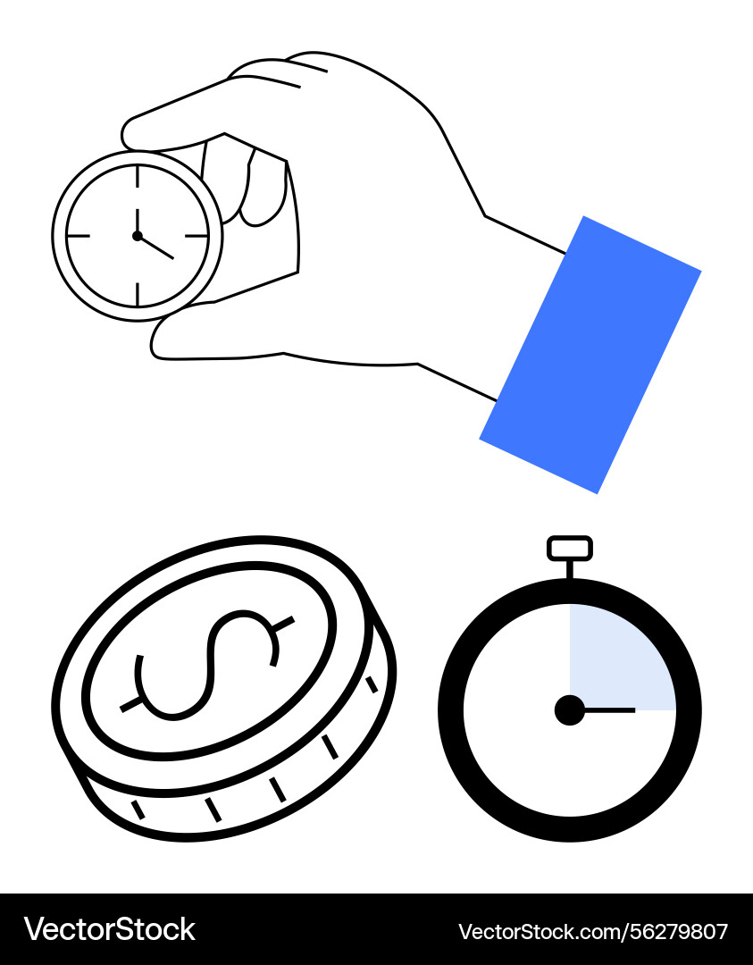 Hand holding clock with coin and timer Hand holding clock with coin and timer Vector Image