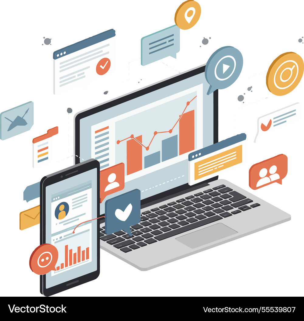 Laptop and smartphone displaying data analytics Laptop and smartphone displaying data analytics Vector Image
