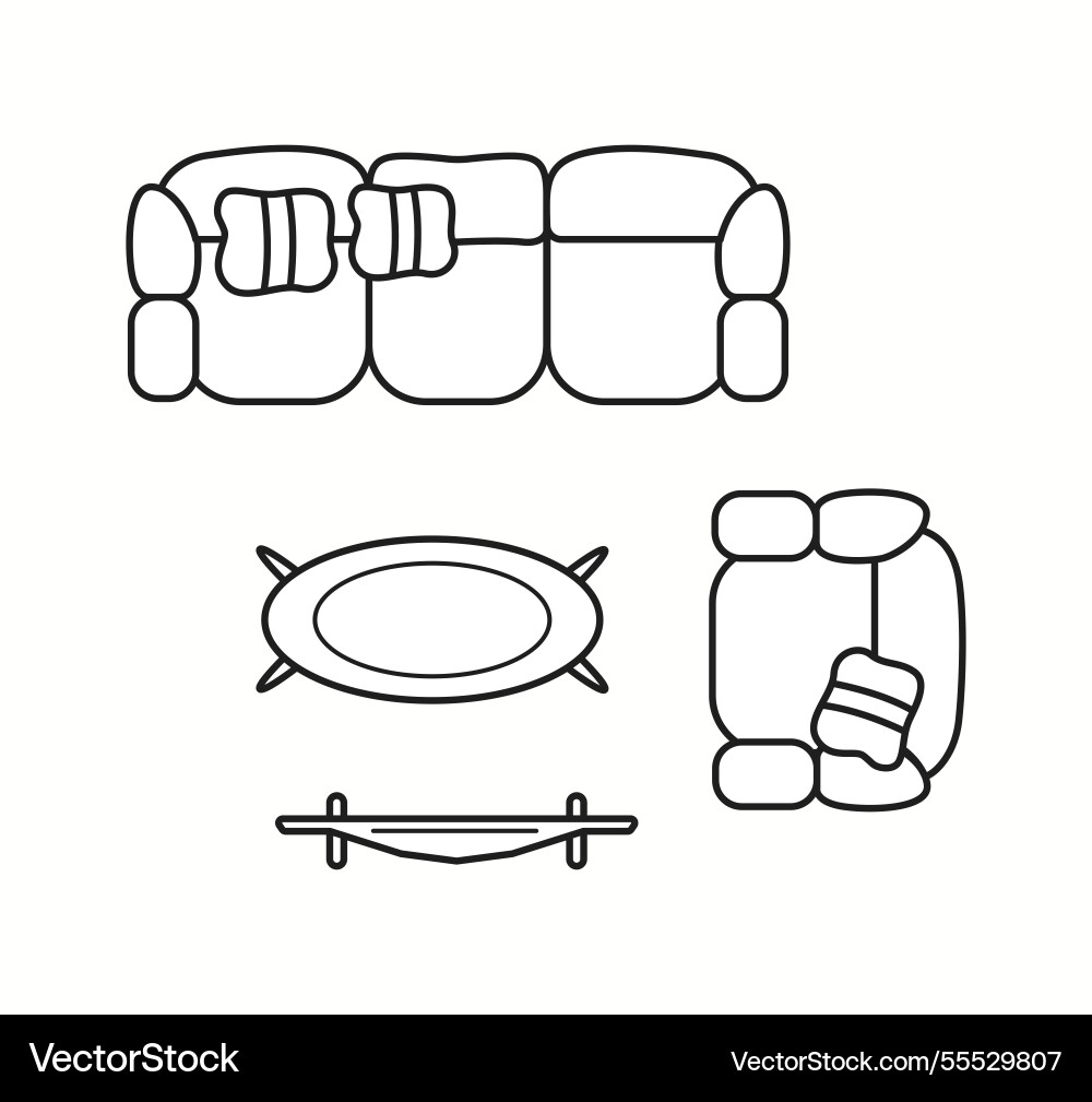 Sofa set with pillows and coffee table in top view Vector Image