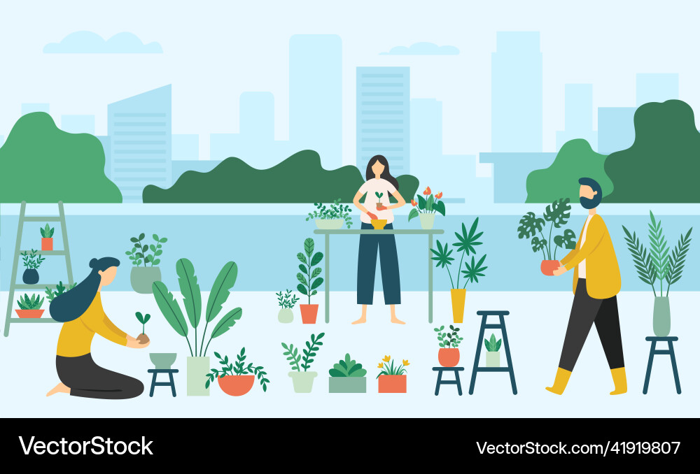 Urban gardening people man and women planting Urban gardening people man and women planting vector image