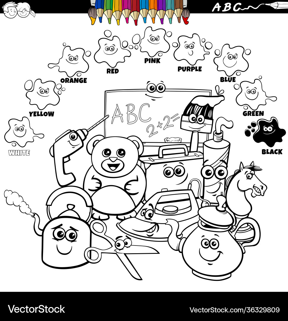Basic colors color book with object characters vector image