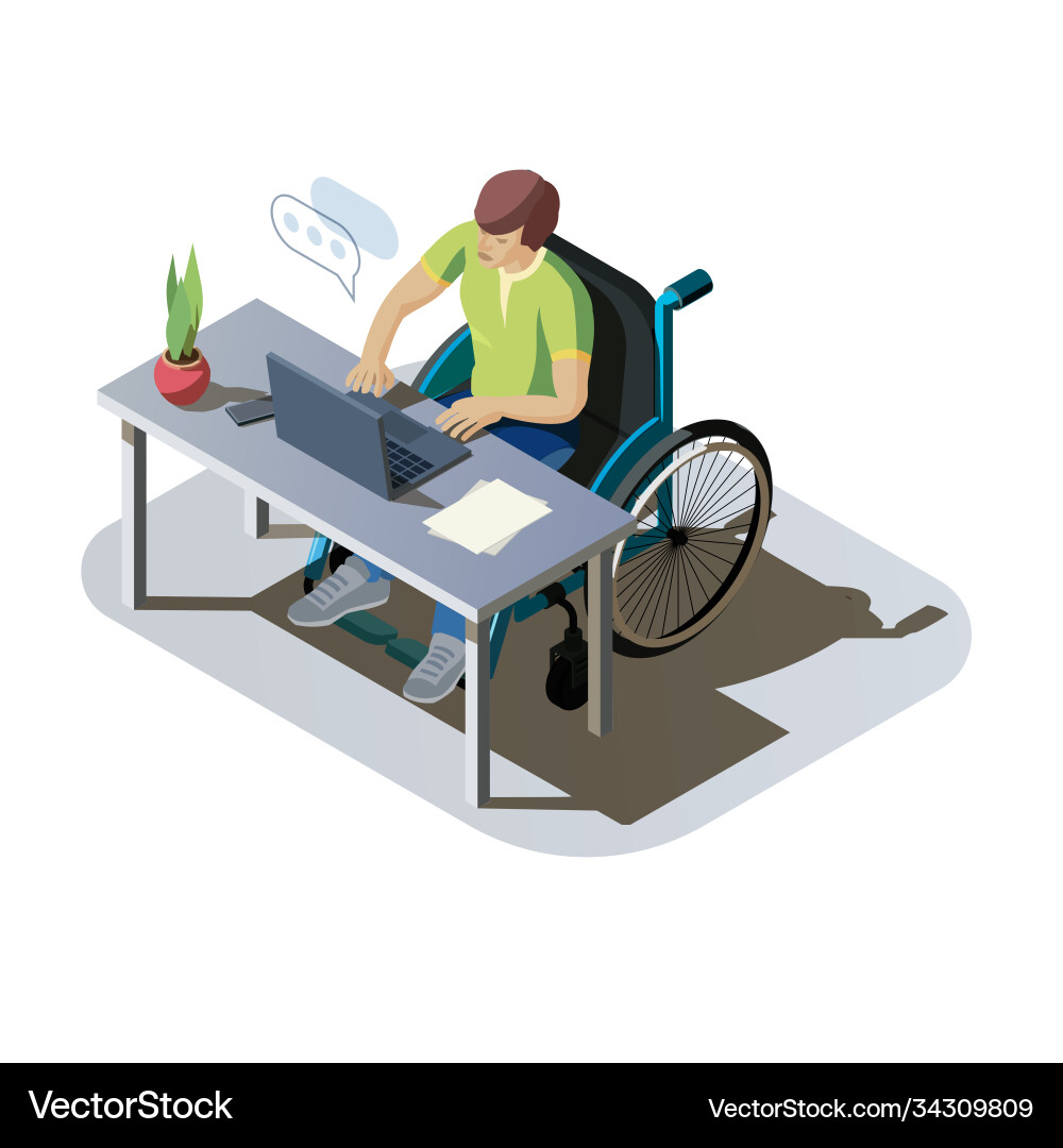 Invalid man in a wheelchair working on computer vector image