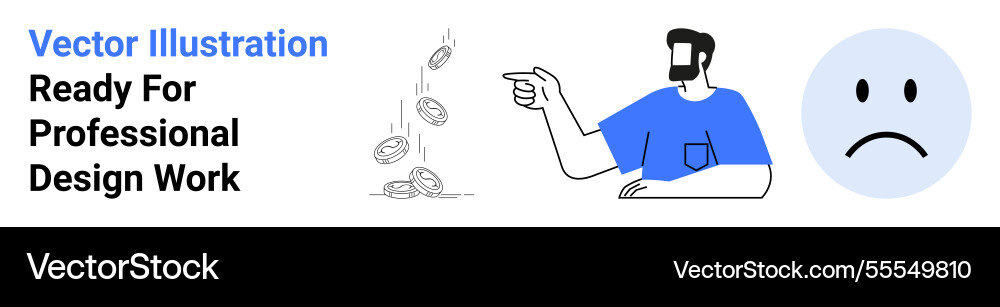 Man pointing at falling coins with sad face Vector Image
