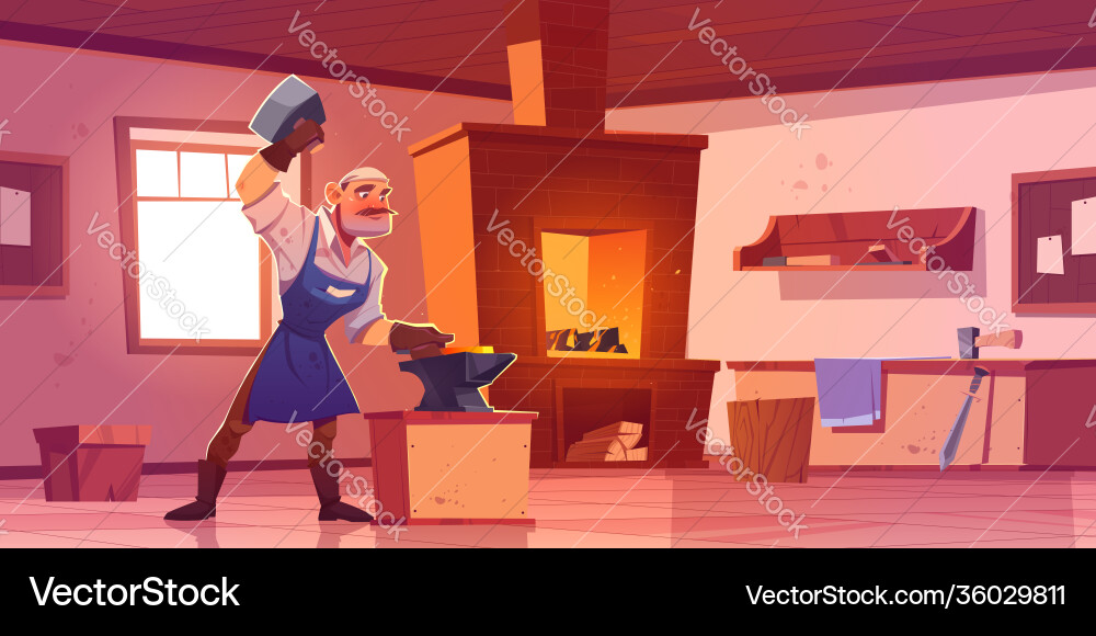 Blacksmith works with hammer and anvil in forge Blacksmith works with hammer and anvil in forge vector image
