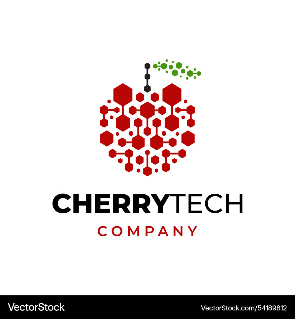 Red cherry fruit and hexagonal tech data logo Red cherry fruit and hexagonal tech data logo Vector Image
