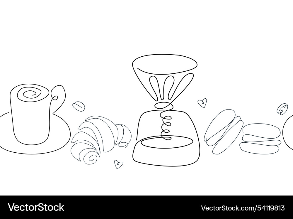 Cookie and coffee line border donut croissant cup Vector Image