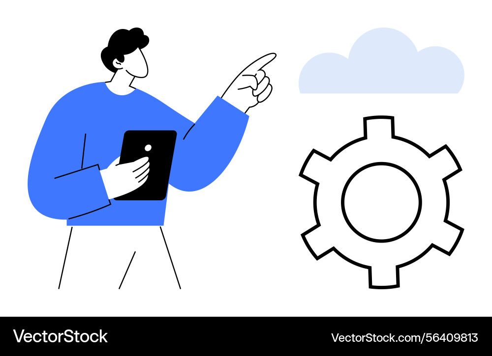 Man with tablet pointing towards cloud and gear Man with tablet pointing towards cloud and gear vector image