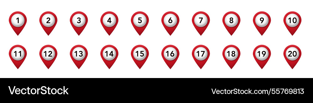 Red location markers with numbers from one vector image