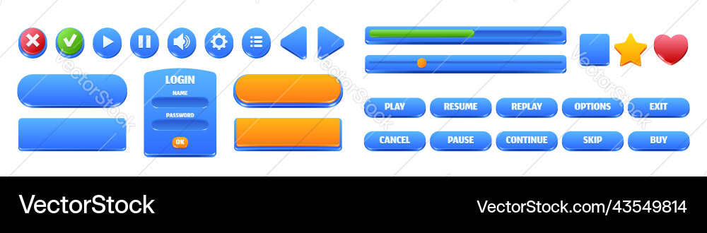 Glossy blue buttons and frames for game interface Glossy blue buttons and frames for game interface vector image
