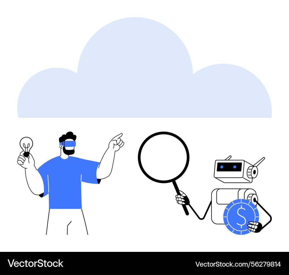 Man with vr headset and robot analyzing data under vector image