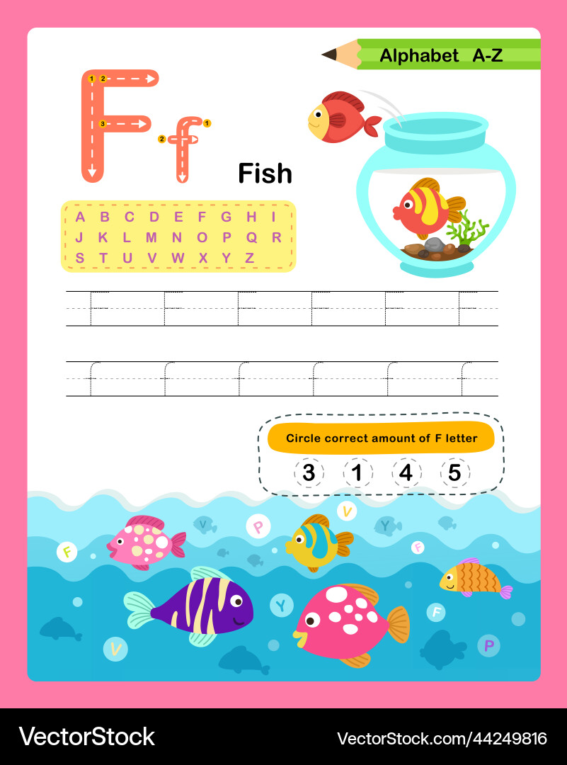 Alphabet letter f - fish exercise with cartoon Alphabet letter f - fish exercise with cartoon vector image