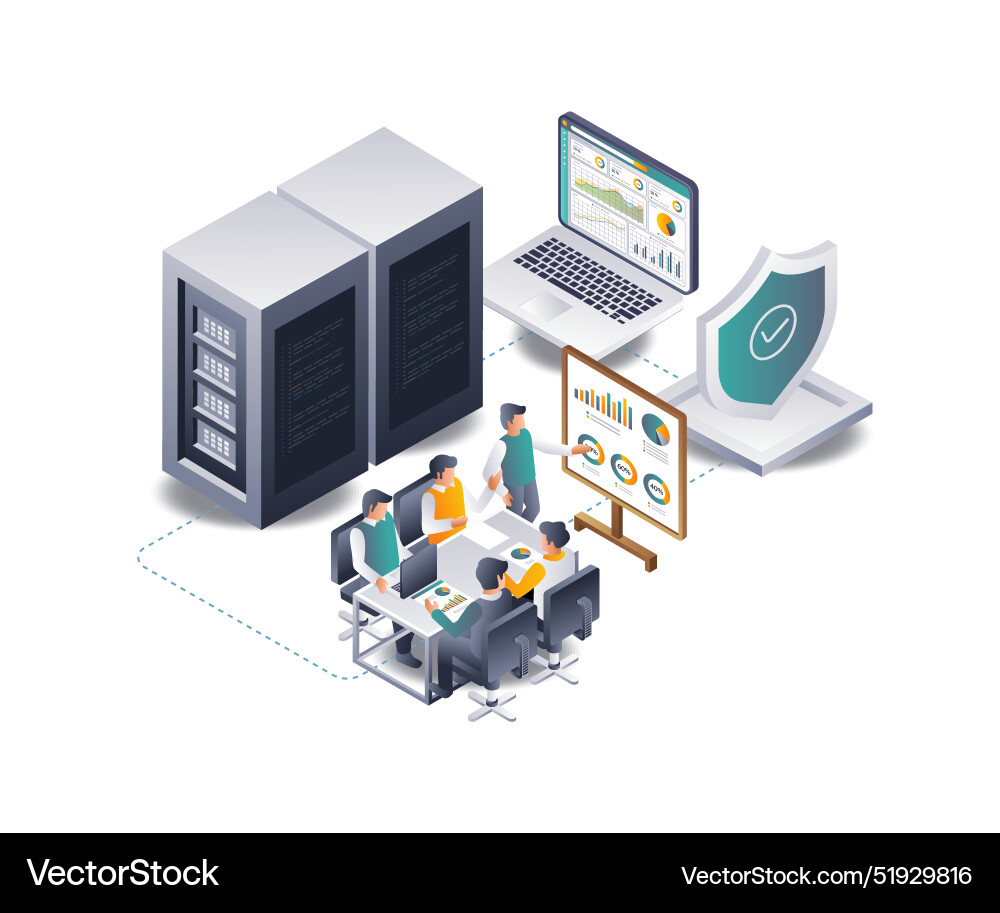 Team is analyzing data from the cloud server Team is analyzing data from the cloud server vector image