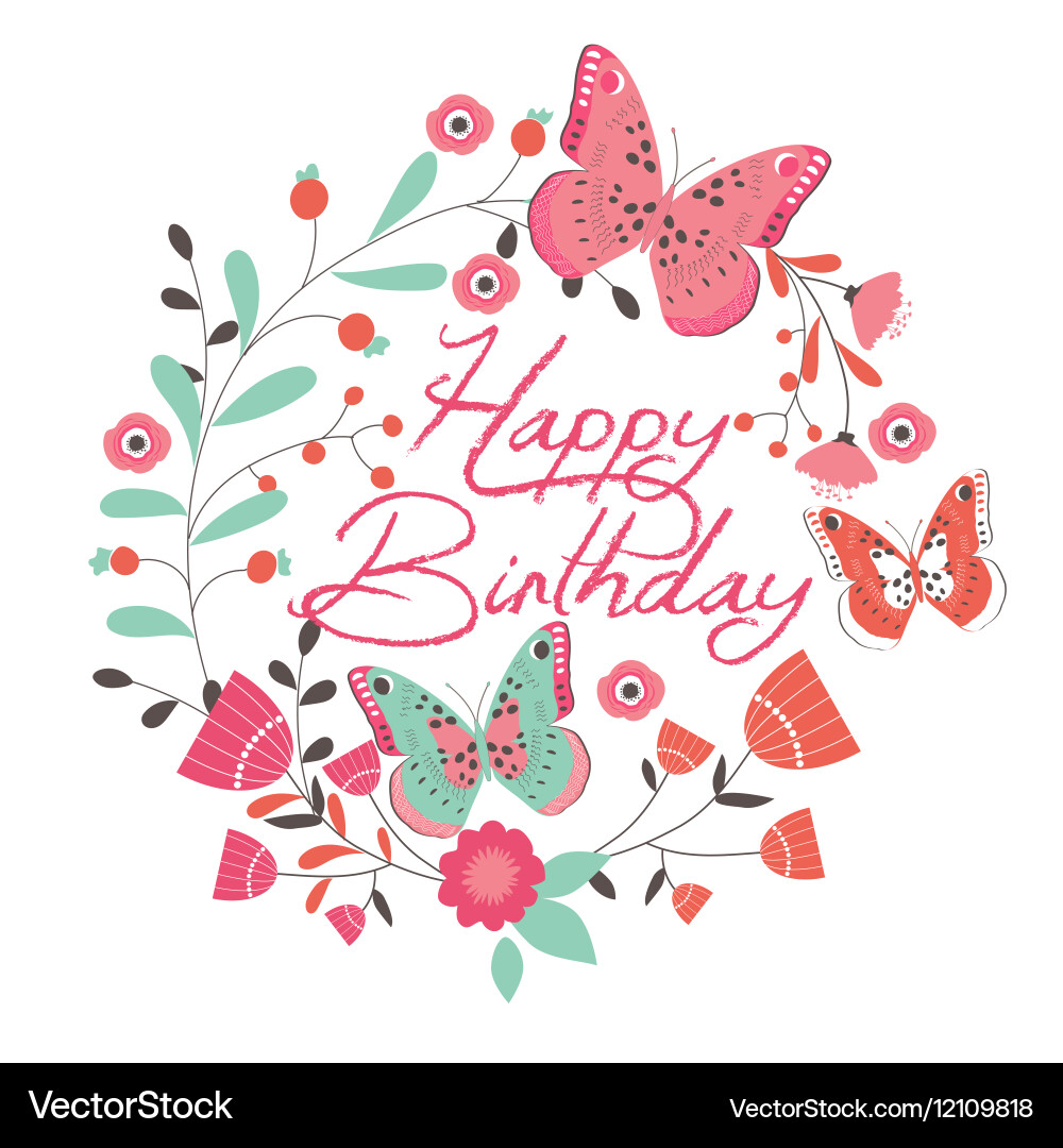 Birthday card with beautiful butterfly and flowers vector image