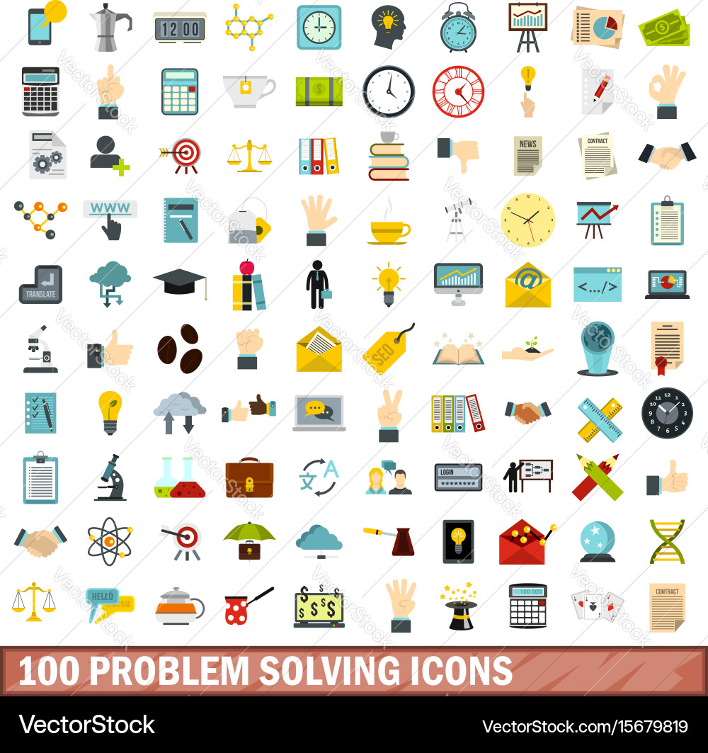 100 problem solving icons set flat style vector image