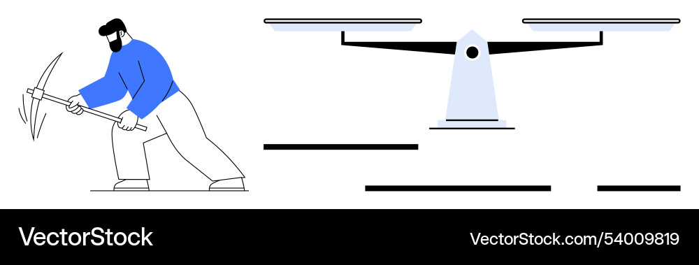 Mining worker with pickaxe and balance scale Mining worker with pickaxe and balance scale Vector Image