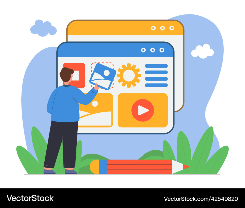 Creator adding information on website flat Creator adding information on website flat vector image