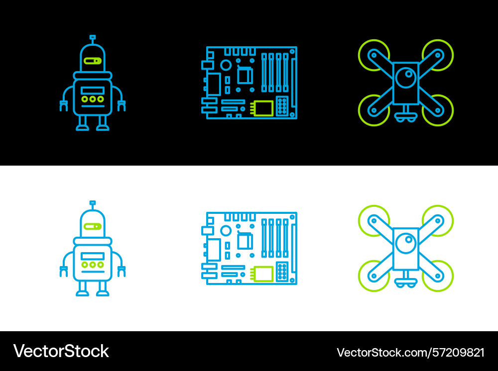 Set line drone flying with action camera robot Set line drone flying with action camera robot vector image