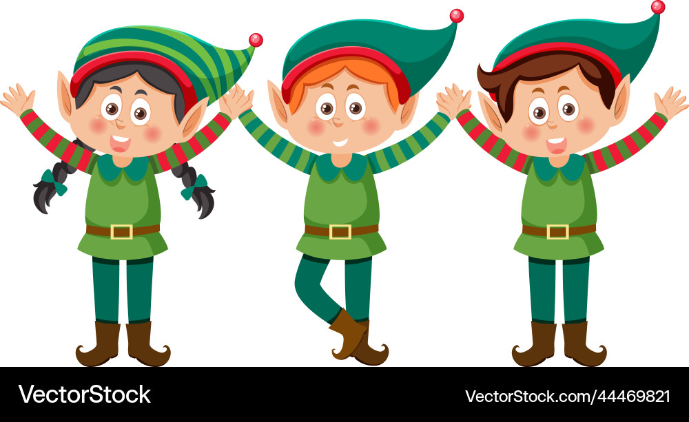 Three christmas elves cartoon characters Three christmas elves cartoon characters vector image