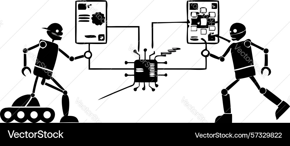 Humanoid robots interacting with digital data vector image