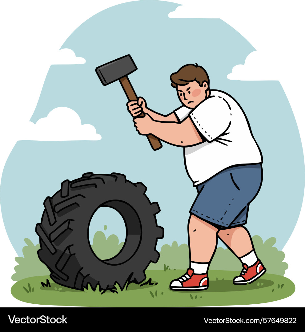 Man exercising with sledgehammer hitting large Man exercising with sledgehammer hitting large Vector Image