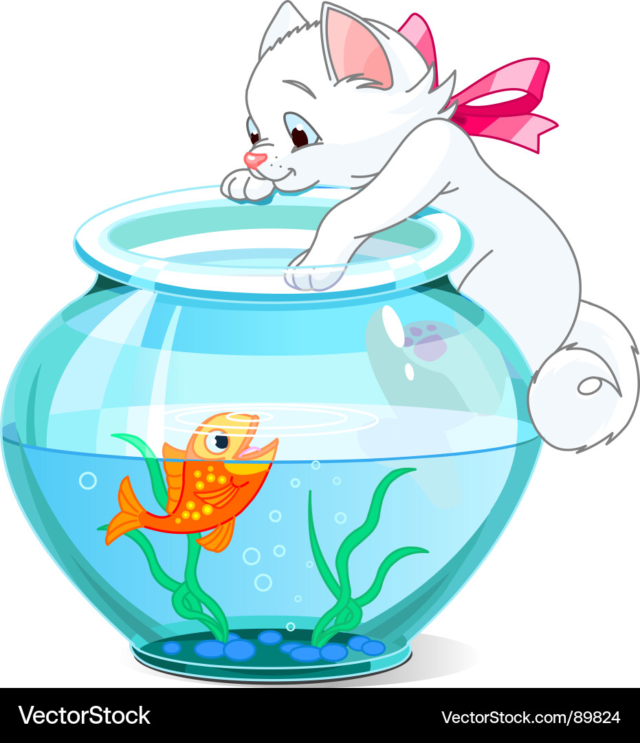 Süße Kätzchen und Fisch im Aquarium Vektorbild