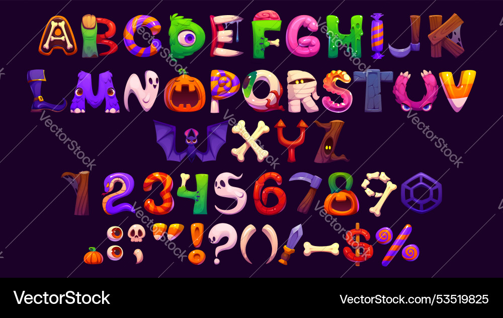 Halloween font cartoon evil monster alphabet type Halloween font cartoon evil monster alphabet type vector image