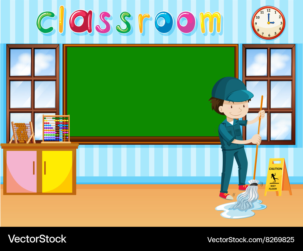 Janitor cleaning the classroom – Royalty-Free Vector | VectorStock, image size:1000x829