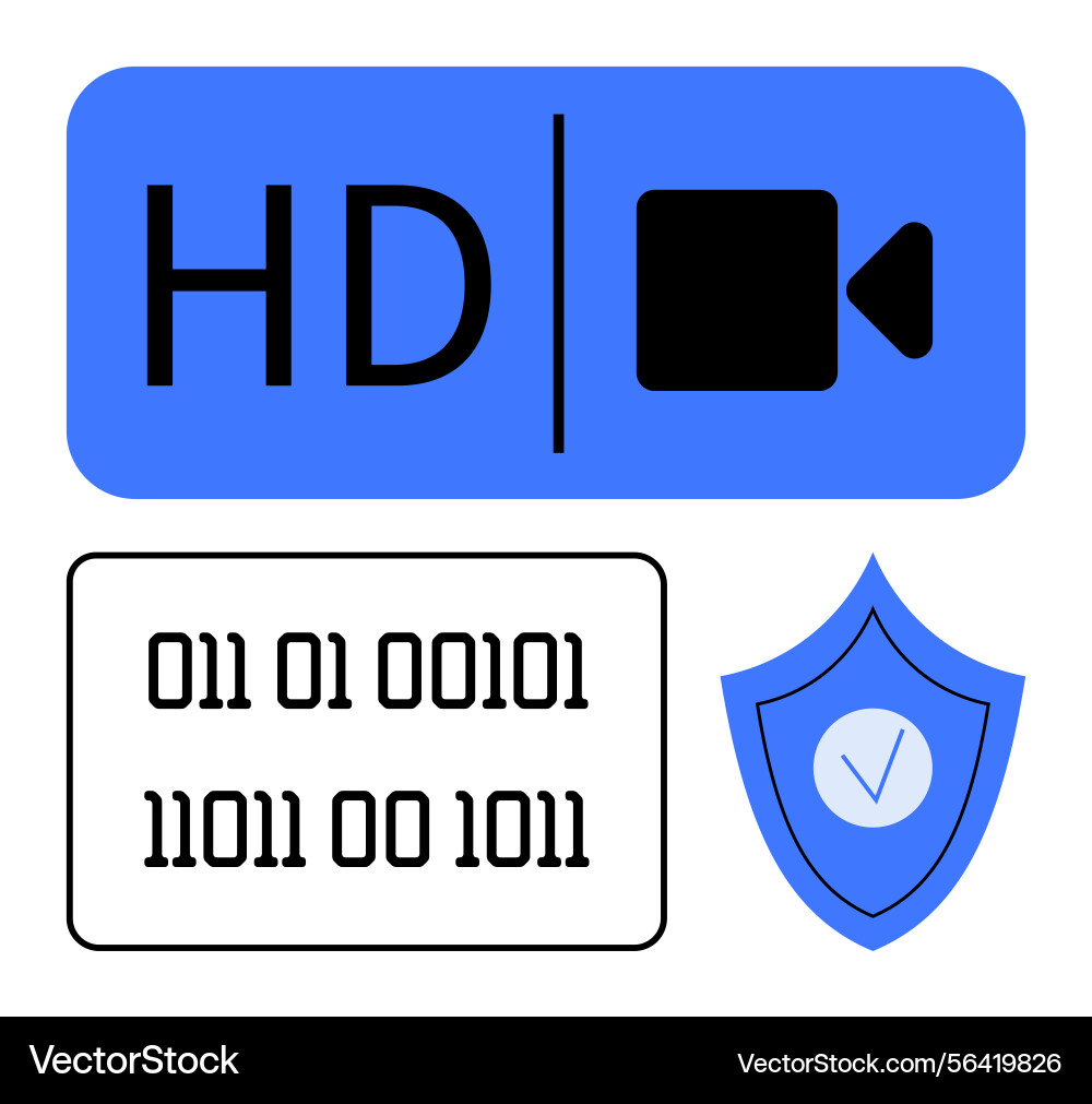 Hd video icon with binary code and security shield vector image