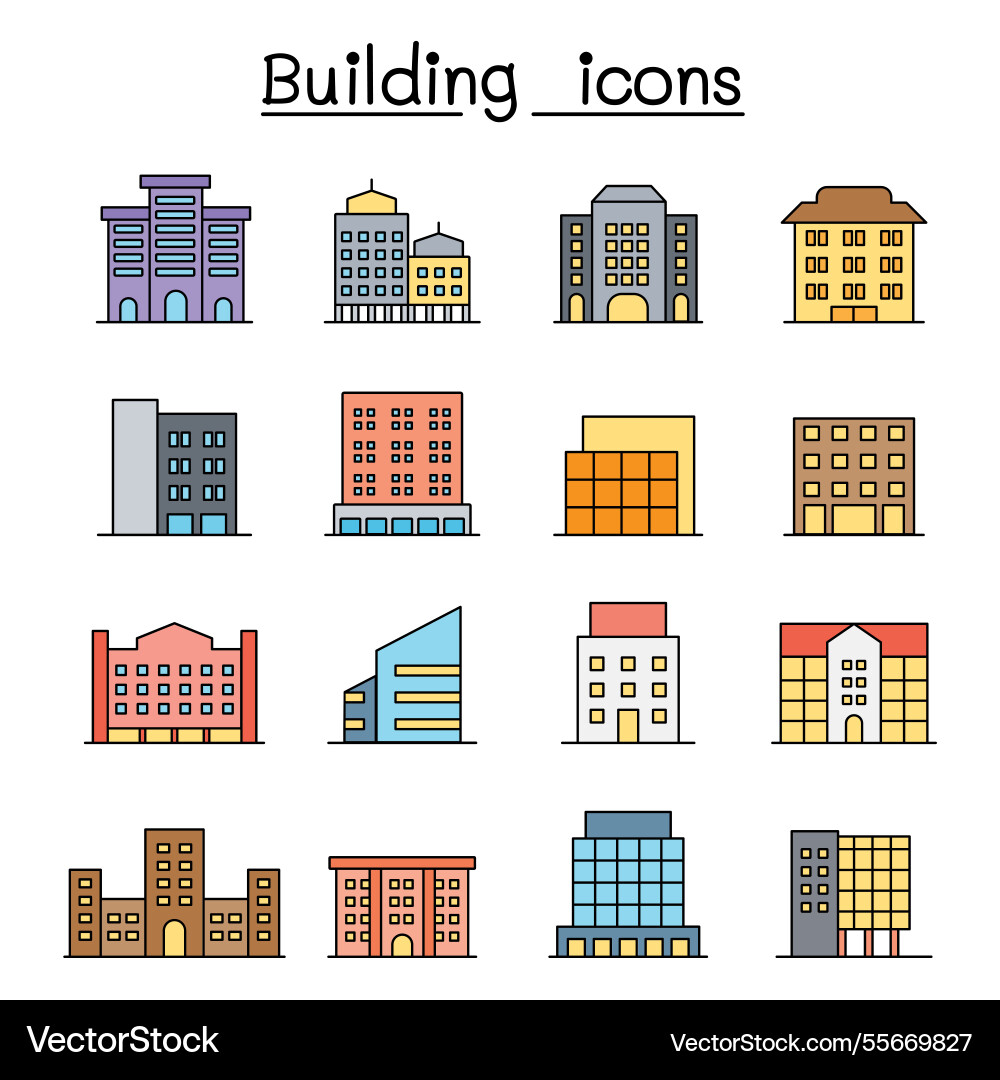 Building icon set in color line style Building icon set in color line style vector image