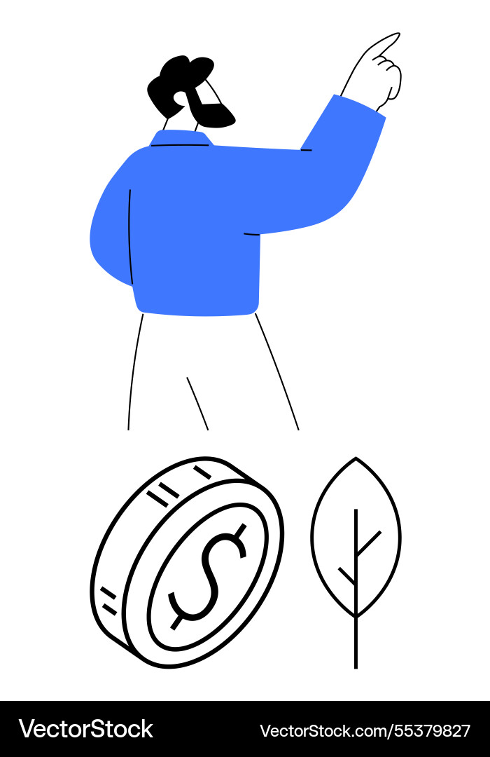 Man pointing upward with dollar coin and leaf Man pointing upward with dollar coin and leaf vector image