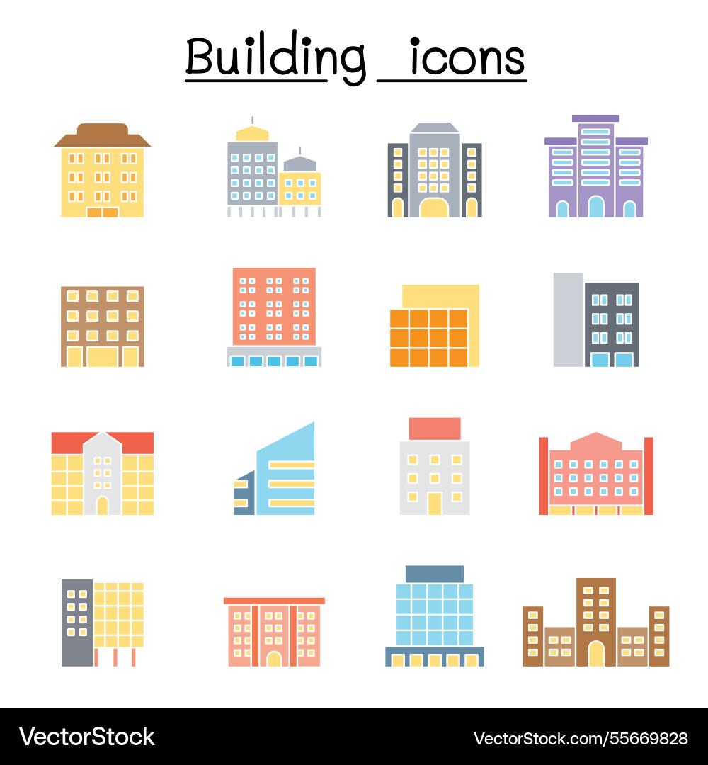 Building icon set in flat color style Building icon set in flat color style vector image