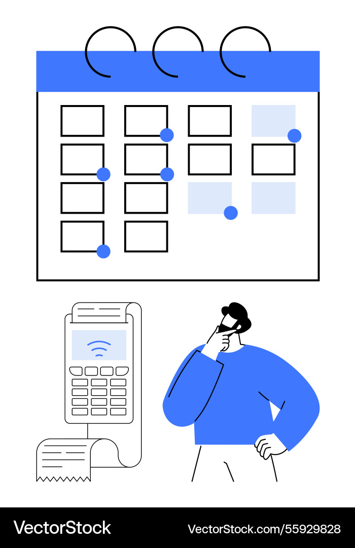 Man contemplating a payment terminal and marked Man contemplating a payment terminal and marked vector image