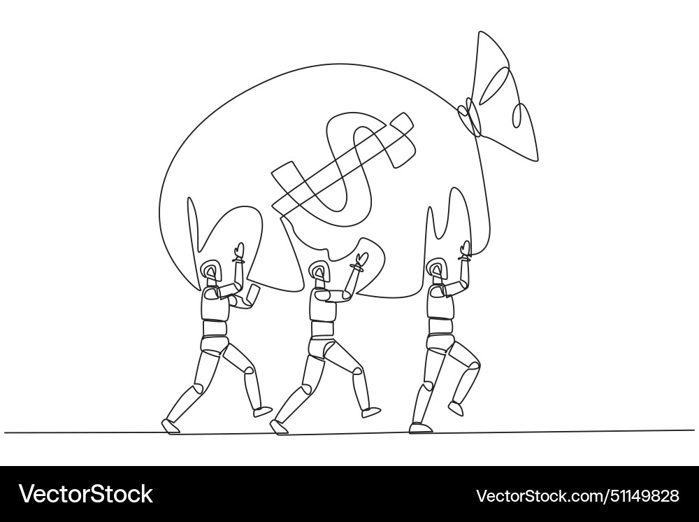 Single one line drawing a group of robots work Vector Image