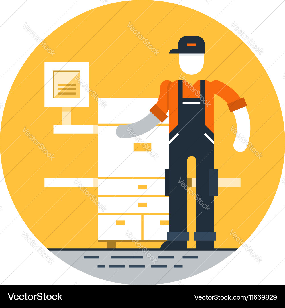 Print worker in uniform with printer Vector Image