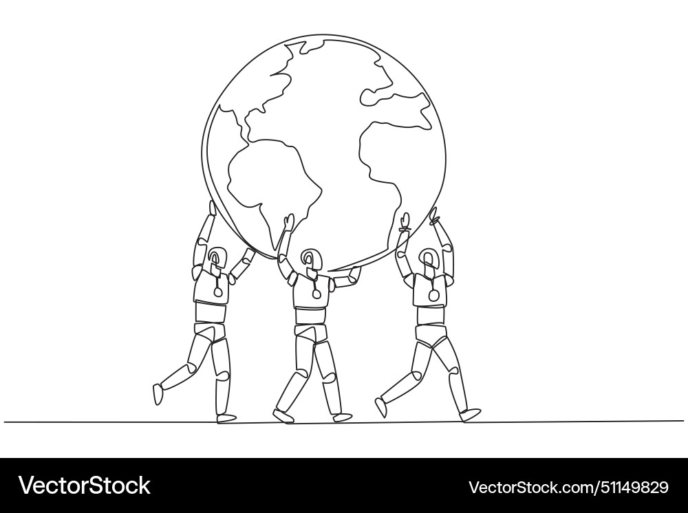 Single continuous line drawing group of robots Single continuous line drawing group of robots vector image