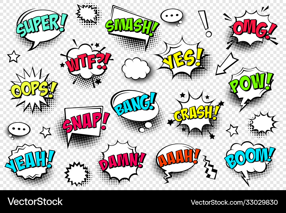 Comic speech bubbles with halftone shadow and text