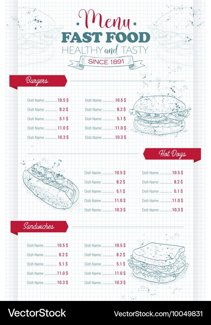 Drawing vertical scetch of fast food menu Vector Image