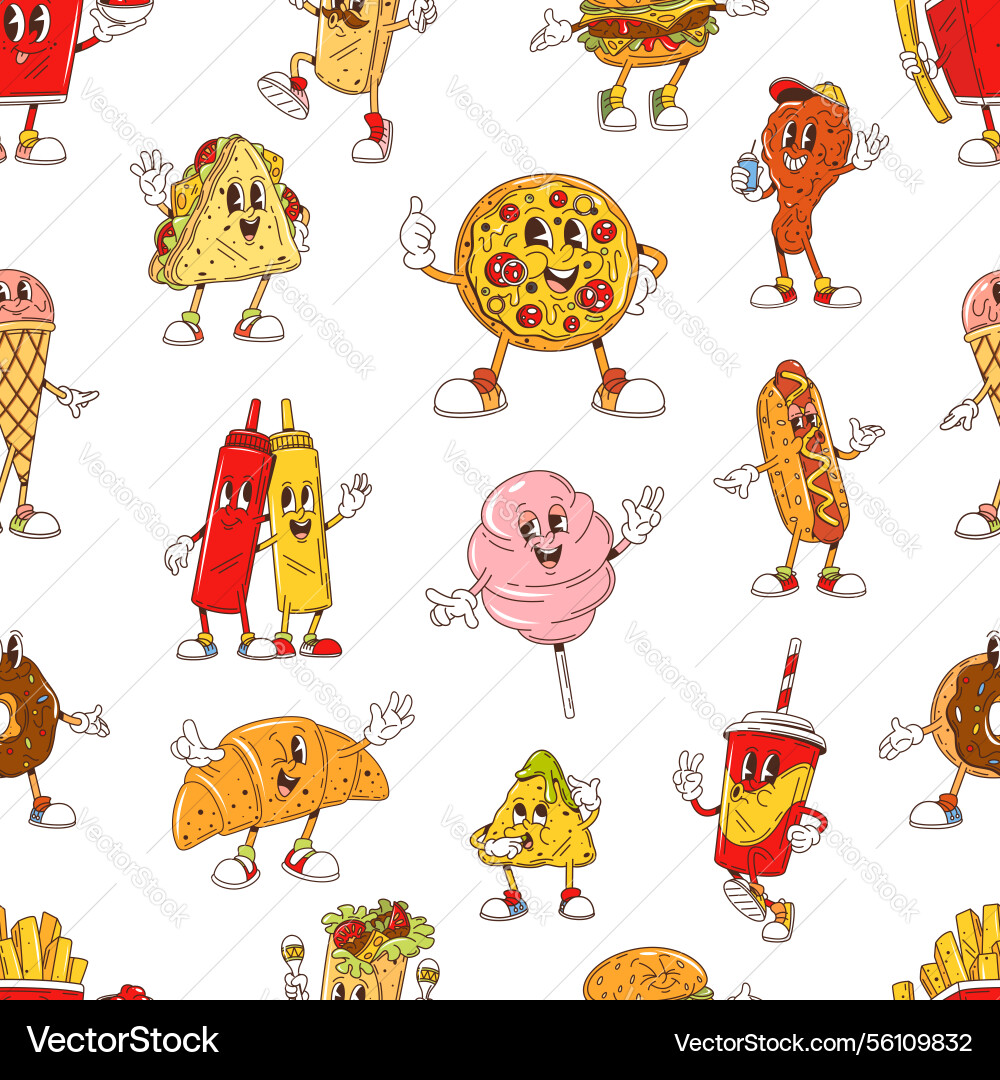 Groovy fast food funny characters seamless pattern Groovy fast food funny characters seamless pattern Vector Image
