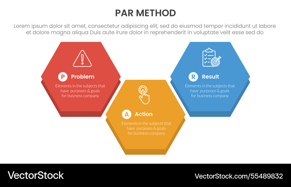 Par method infographic 3 point with big hexagonal Par method infographic 3 point with big hexagonal Vector Image