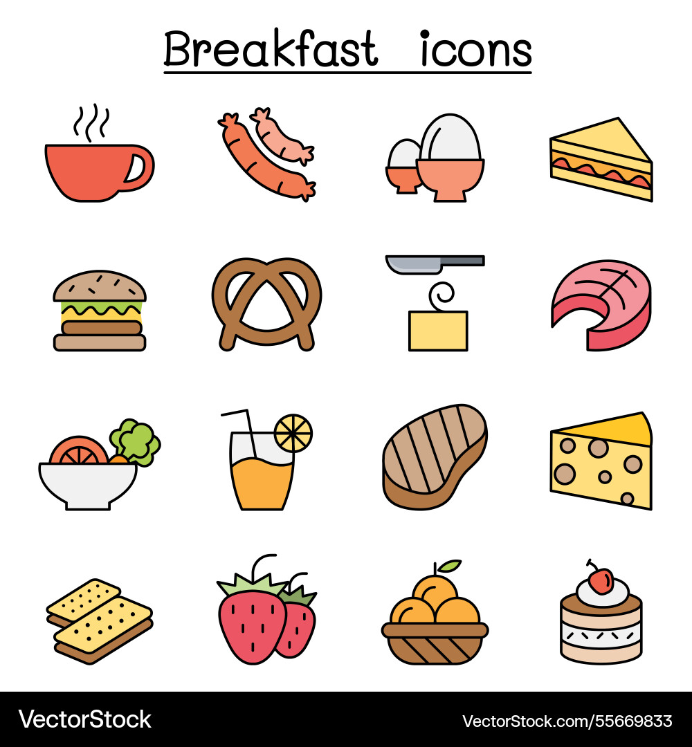 Breakfast icon set in color line style Breakfast icon set in color line style vector image