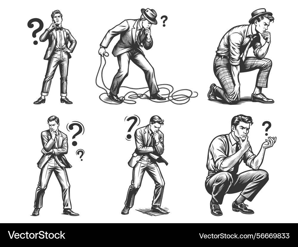 Confused man with question marks collection Vector Image