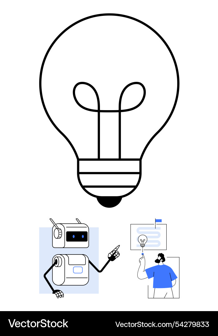 Giant light bulb with robot and man pointing Giant light bulb with robot and man pointing vector image