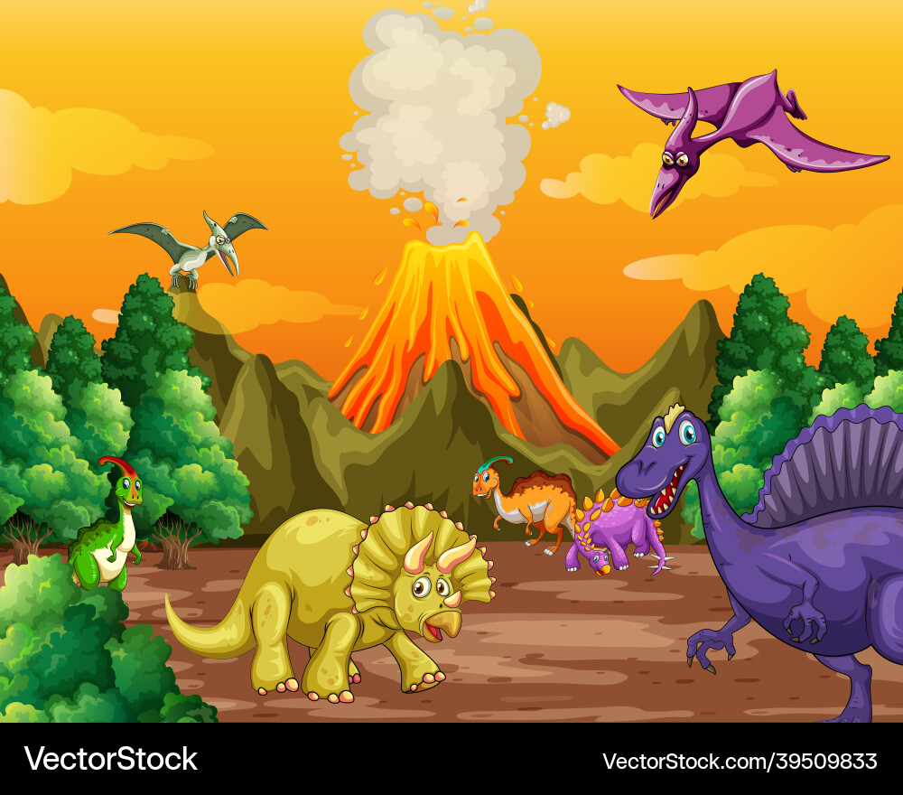 Prehistoric forest scene with various dinosaurs vector image