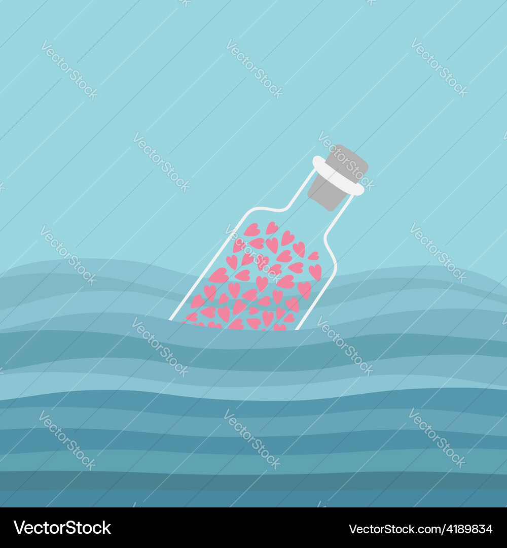 Bottle with hearts inside in the ocean sea water Vector Image