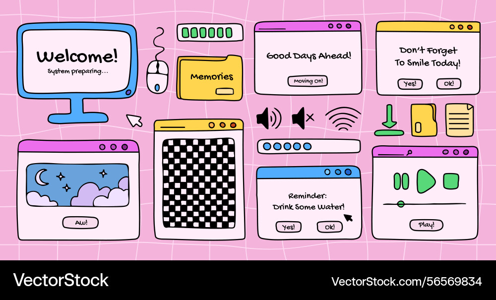 Computer windows and open dialog frames doodles Computer windows and open dialog frames doodles vector image