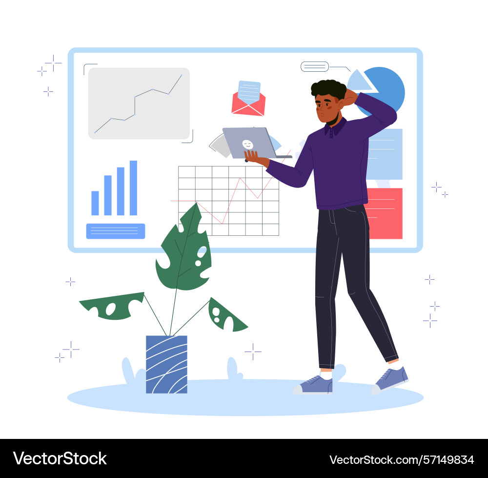 Confused man analyzing data charts Confused man analyzing data charts vector image