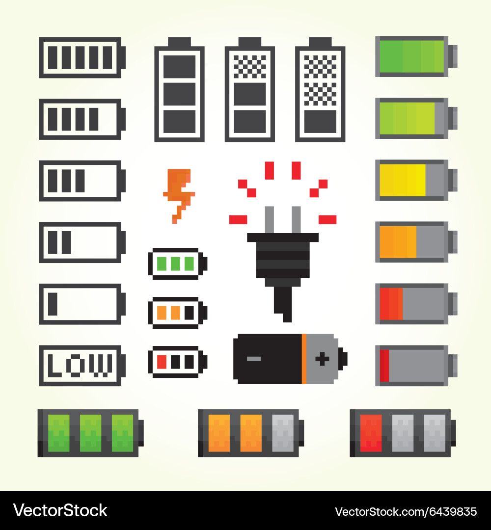 Battery pack isolated objects set in pixel art vector image
