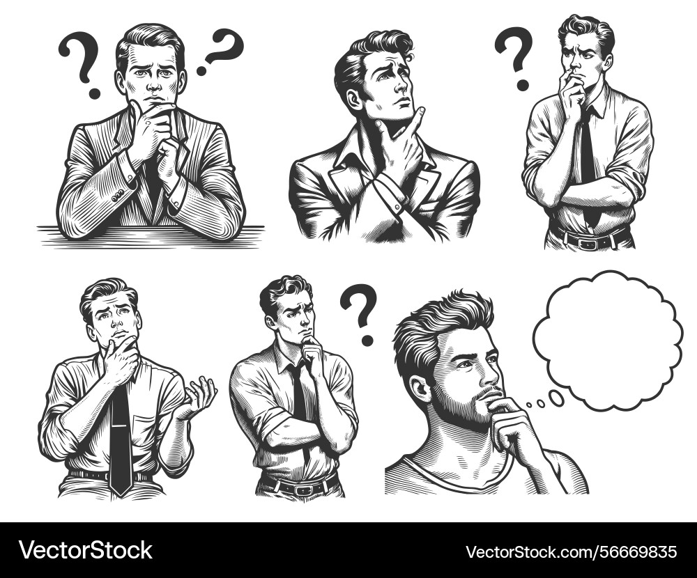 Men thinking with question marks collection vector image
