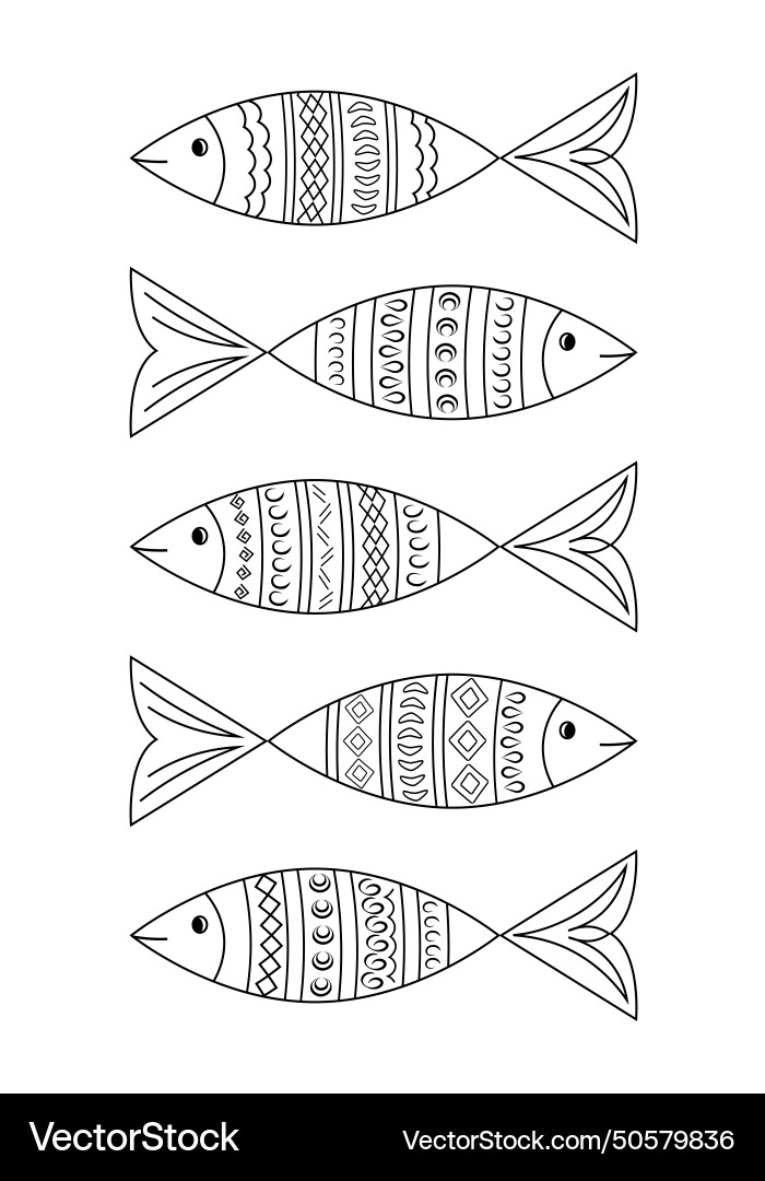 Set of decorative fish with linear patterns Vector Image