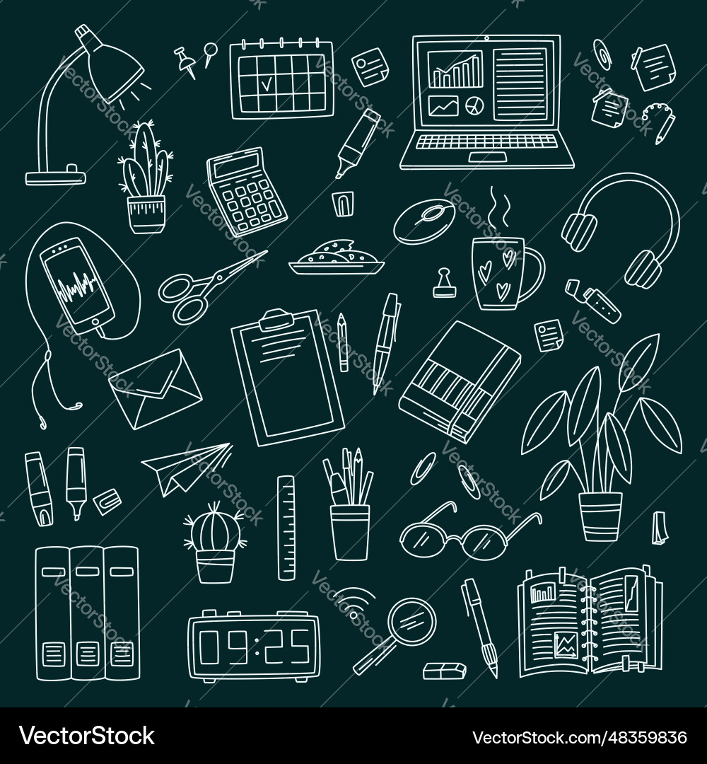 Workspace doodle set with lamp smartphone laptop Vector Image